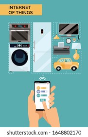 Internet of things concept design with male hands holding mobile phone connected to various everyday things. Future of network high technology in everyday life. Isolated flat vector illustration.