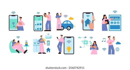 Internet of things concept flat illustration set. Includes of iot devices, smart sensors, and wireless connectivity. Vector illustration isolated transparent background