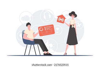 El concepto de Internet de las cosas. La chica y el tipo son un equipo en el campo de Internet de las cosas. Bueno para sitios web y presentaciones. Estilo moderno y plano. Vector.