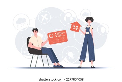 El concepto de Internet de las cosas. La chica y el tipo son un equipo en el campo de Internet de las cosas. Bueno para sitios web y presentaciones. Ilustración vectorial en estilo plano de moda.