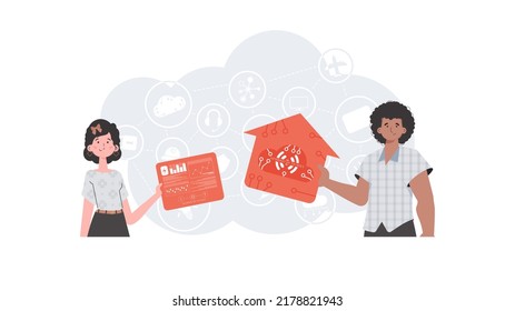 Internet of things concept. The girl and the guy are a team in the field of IoT. Good for presentations and websites. Vector illustration.