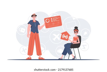 El concepto de Internet de las cosas. La chica y el tipo son un equipo en el campo de la IoT. Es bueno para presentaciones y sitios web. Ilustración vectorial en estilo plano.