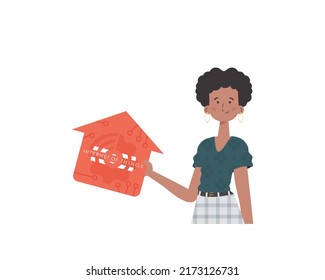 Internet of things concept. The girl is shown to the waist. A woman is holding a house icon in her hands. Isolated. Vector illustration in trendy flat style.