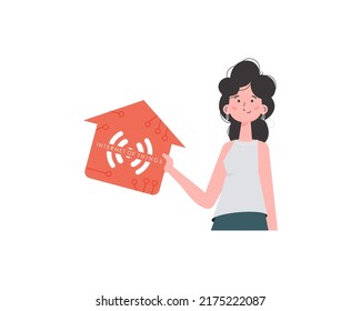 Internet of things concept. The girl is shown to the waist. A woman is holding a house icon in her hands. Isolated on white background. Vector illustration in flat style.