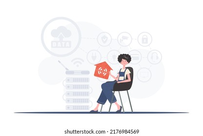El concepto de Internet de las cosas. La niña se sienta en una silla y sostiene un ícono de una casa en sus manos. Bueno para presentaciones. Ilustración vectorial en estilo plano de moda.