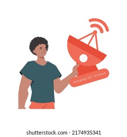 Internet of things concept. The guy is holding a satellite dish in his hands. Isolated. Vector illustration in trendy flat style.