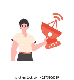 Internet of things concept. The guy is holding a satellite dish in his hands. Isolated on white background. Vector illustration in flat style.