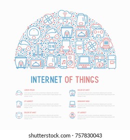 Internet of things concept in half circle with thin line icons: laptop, smart watch, cloud computing technology, kettle, speaker, smart car, robot vacuum. Vector illustration for web page, print media
