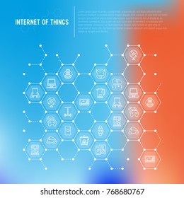 Internet of things concept in honeycombs with thin line icons: laptop, smart watch, cloud computing technology, kettle, speaker, smart car, robot vacuum. Vector illustration for web page, print media.