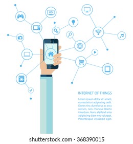 Internet of things concept with human hand holding smartphone. Vector illustration.