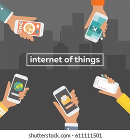 Internet of things concept with humans hand holding smartphone vector illustration with the city on the background in the frame infographic of the smart phone applications