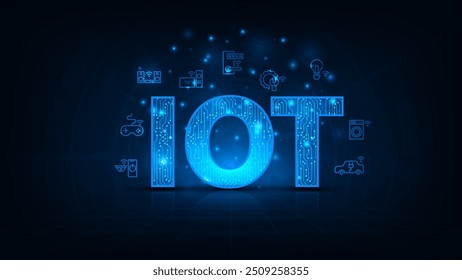 Internet of Things concept. Icons representing smart devices and connected technology. Futuristic blue digital background.