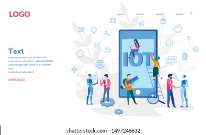 Internet of things concept. IOT with big smartphone and small business characters around, Digital global ecosystem concept vector illustration for web, print. Monitoring and control by smartphone. 