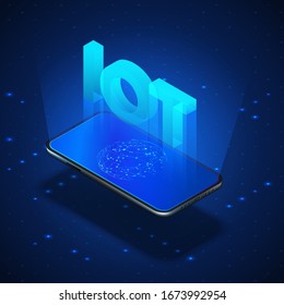 Internet of things concept. IOT hologram over mobile screen. Isometric illustration realistic mobile phone. Vector