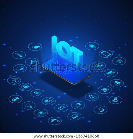 Internet of things concept. IOT isometric banner. Digital global ecosystem. Monitoring and control by smartphone. Blue technology bacoground. Vector illustration