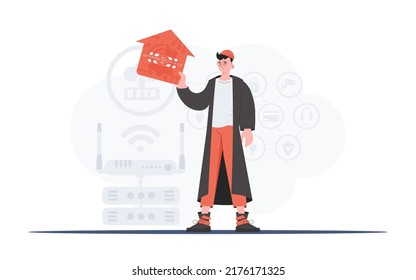 Internet of things concept. The man is depicted in full growth, holding the icon of the house in his hands. Good for presentations. Vector illustration in trendy flat style.