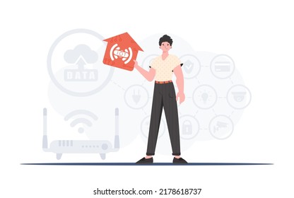 El concepto de Internet de las cosas. El hombre es representado en pleno crecimiento, sosteniendo el icono de la casa en sus manos. Bueno para presentaciones. Ilustración vectorial en estilo plano.