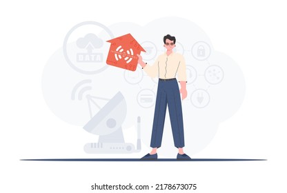El concepto de Internet de las cosas. El hombre es representado en pleno crecimiento, sosteniendo el icono de la casa en sus manos. Bueno para sitios web y presentaciones. Ilustración vectorial en estilo plano.
