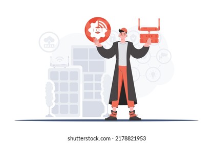 Internet of things concept. A man is holding an internet thing icon in her hands. Router and server. Good for websites and presentations. Vector illustration in flat style.