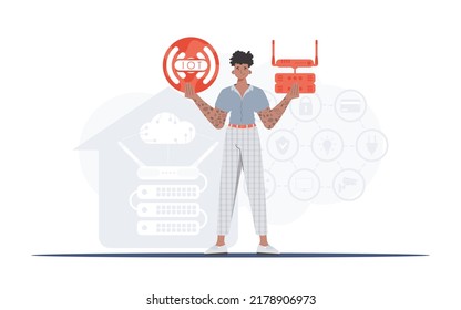 Internet of things concept. A man is holding an internet thing icon in her hands. Router and server. Good for presentations and websites. Vector illustration in flat style.