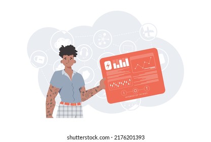 El concepto de Internet de las cosas. Un hombre sostiene un panel con analizadores e indicadores en sus manos. Bueno para sitios web y presentaciones. Estilo moderno y plano. Vector.