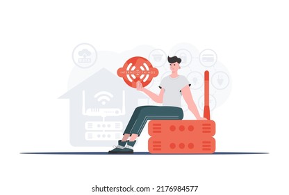 Internet of things concept. A man holds the internet of things logo in her hands. Router and server. Good for websites and presentations. Trendy flat style. Vector illustration.
