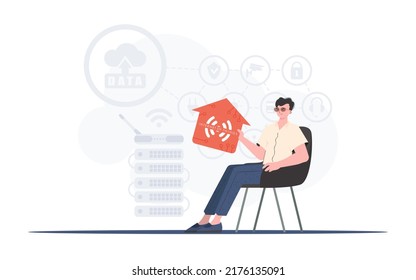 Internet of things concept. A man sits in an armchair and holds a house icon in his hands. Good for presentations. Vector illustration in trendy flat style.