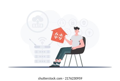 El concepto de Internet de las cosas. Un hombre se sienta en un sillón y sostiene un icono de la casa en sus manos. Bueno para sitios web y presentaciones. Ilustración vectorial en estilo plano.