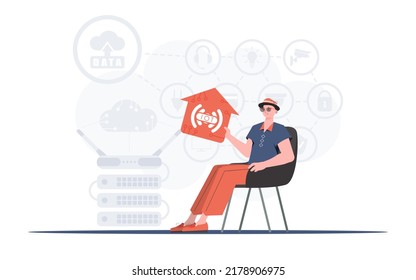 Internet of things concept. A man sits in an armchair and holds a house icon in his hands. Good for presentations. Vector illustration in flat style.