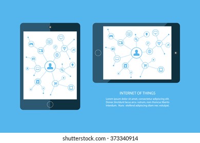 Internet of things concept. Mobile tablet and smart home devices icons. Consumer and connected devices. Internet networking, online shopping. Vector illustration.