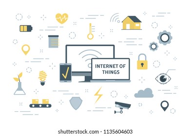 Internet of things concept. Modern global technology. Connection between devices and house appliances. Idea of smart home. Set of IoT icons. Isolated flat vector illustration