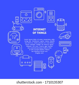 Internet of things concept poster template in line style. Banner with smart things contour icons and place for text. Vector illustration.