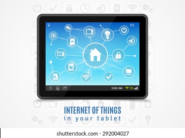 Internet of things concept with realistic mobile tablet and smart home devices symbols vector illustration