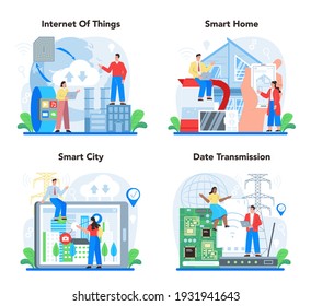 Internet of things concept set. Idea of smart wireless electronics. Modern global technology. Connection between devices and house appliances. Isolated flat vector illustration