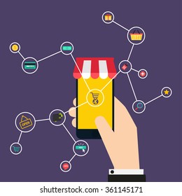 Internet of Things concept. Shopping icons. Hand holding a smartphone, revealing a net of wireless controlled devices.  Vector flat illustration.