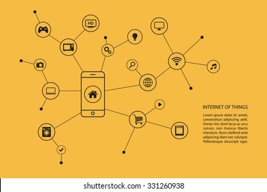 Internet Of Things Concept With Smart Phone And Black Icons. Vector Illustration.