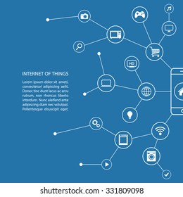 Internet of things concept with smart phone and white icons. Design banner. Vector illustration.