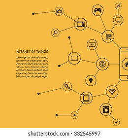 Internet of things concept with smart phone and black icons. Design banner. Vector illustration.