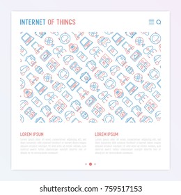 Internet of things concept with thin line icons: laptop, smart watch, cloud computing technology, kettle, speaker, smart car, robot vacuum. Vector illustration for banner, web page, print media.