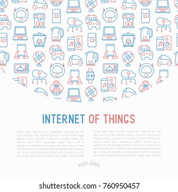 Internet of things concept with thin line icons: laptop, smart watch, cloud computing technology, kettle, speaker, smart car, robot vacuum. Vector illustration for banner, web page, print media.