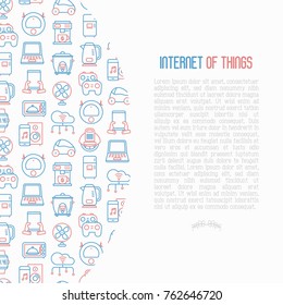 Internet of things concept with thin line icons: laptop, smart watch, cloud computing technology, kettle, speaker, smart car, robot vacuum. Vector illustration for banner, web page, print media.