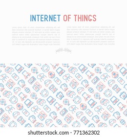 Internet of things concept with thin line icons: laptop, smart watch, cloud computing technology, kettle, speaker, smart car, robot vacuum. Vector illustration for banner, web page, print media.