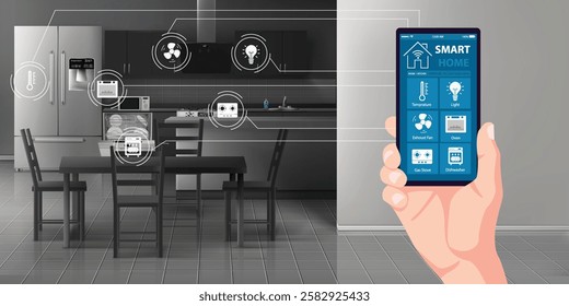 Internet of Things Concept: Using Smartphone in Kitchen. Controls Kitchen Appliances with IOT. Graphics Showing Digitalization Visualization of Connected Home Electronics Devices