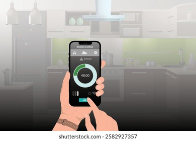 Internet of Things Concept: Using Smartphone in Kitchen. Controls Kitchen Appliances with IOT. Graphics Showing Digitalization Visualization of Connected Home Electronics Devices