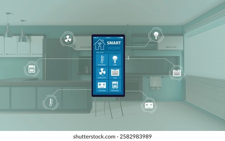 Internet of Things Concept: Using Smartphone in Kitchen. Controls Kitchen Appliances with IOT. Graphics Showing Digitalization Visualization of Connected Home Electronics Devices