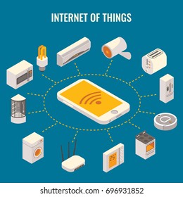 Internet of things concept vector flat 3d isometric illustration with smart phone in center and household appliances around it. Wireless technology concept.