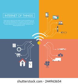 Internet of things concept vector illustration with icons for smart things in household, technology, communication. Eps10 vector illustration