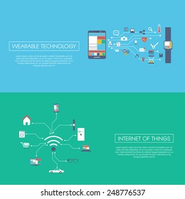 Internet of things concept vector illustration with icons for smart devices in household, technology, communication. Eps10 vector illustration