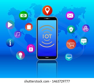 Internet of things concept. Wireless network. IOT on mobile phone touch screen. Smartphone with colorful media icons on blue background with world map. Template design for banner, poster, flyer