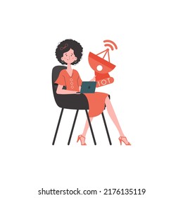 Internet of things concept. A woman holds a satellite dish in her hands. Isolated. Vector illustration in trendy flat style.
